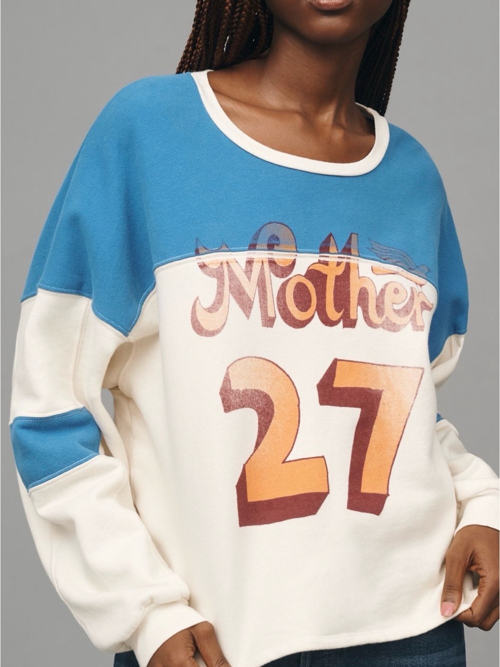 MOTHER The Champ 27 Blue & Cream Graphic Cropped rugby Sweatshirt